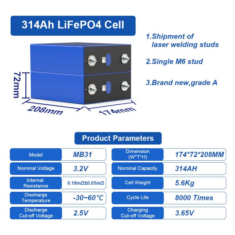 LiFePo4 Cells 3.2V 314ah, Grade A EVE MB31 for DIY Solar EU Stock EU Stock