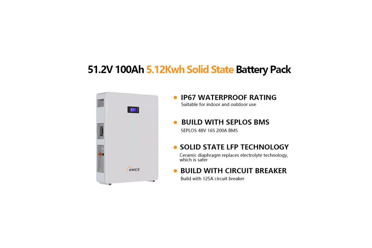 VNICE Razzi 51.2V 100Ah 10Kwh Solid State LiFePO4 Battery Pack for home powerwall solar energy storage off grid system