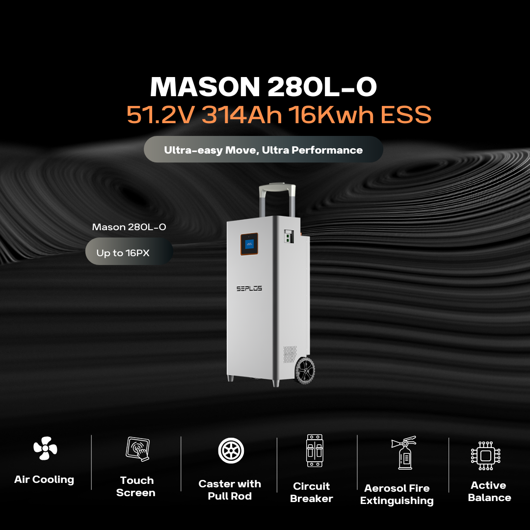 seplos mason kits, mason 314l-o battery, seplos mason battery, 15kwh battery, seplos 16kwh battery, 51.2v 48v 314ah LFP battery with pull rod and wheels for home emergency power supply